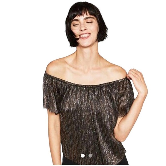 🔴 5 for $25! Zara‎ Blouse Metallic Effect Black Top Off Shoulder Small - Picture 2 of 13